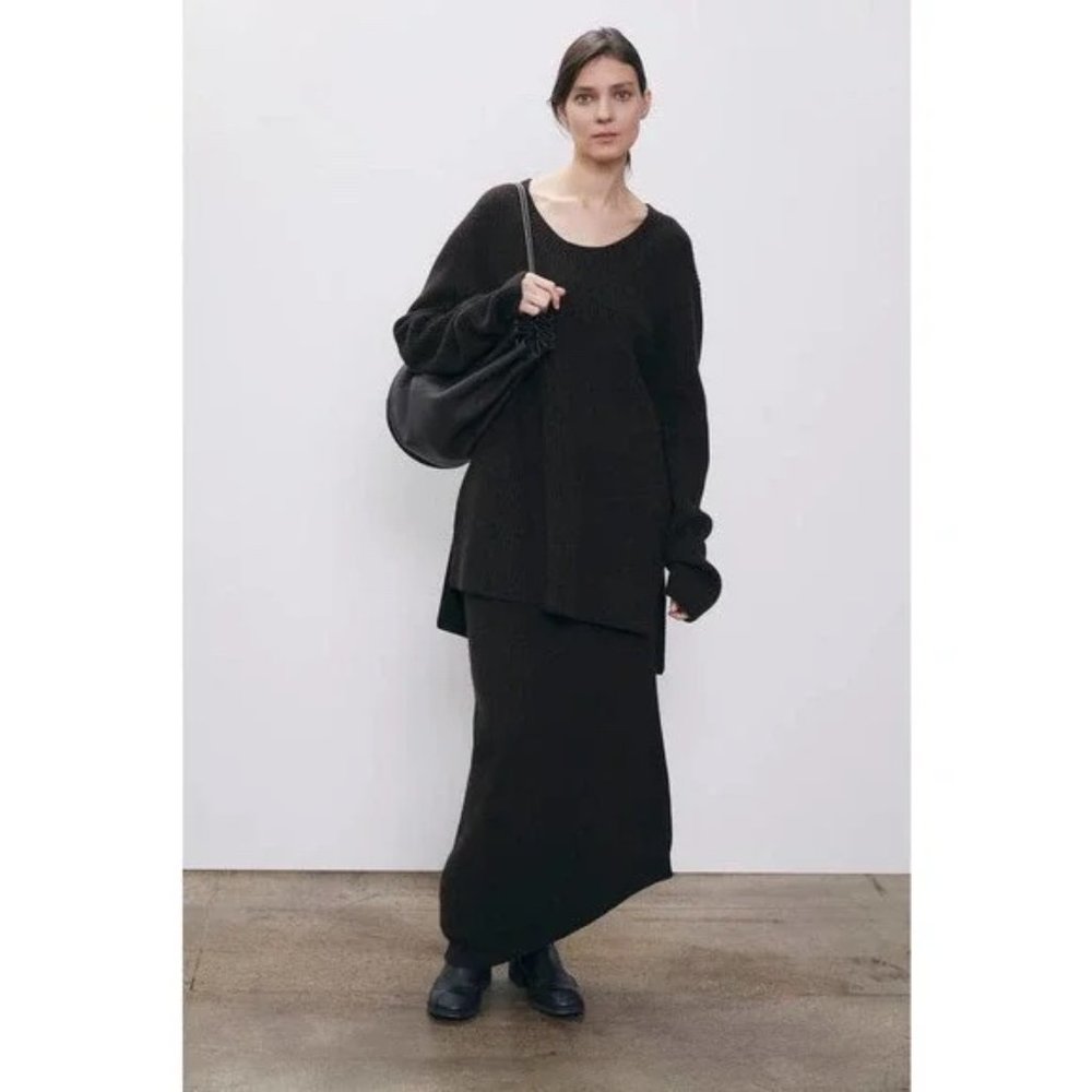 THE ROW Cymone Cashmere Skirt S Asymmetric Rib Knit Side Slit Elastic Waist NWT